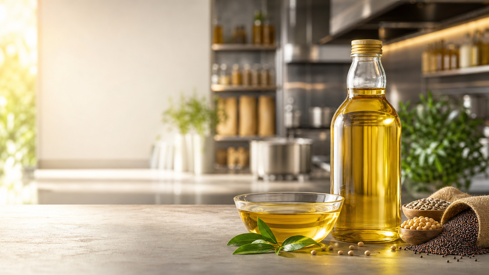 Golden edible cooking oil in a clean professional kitchen setting